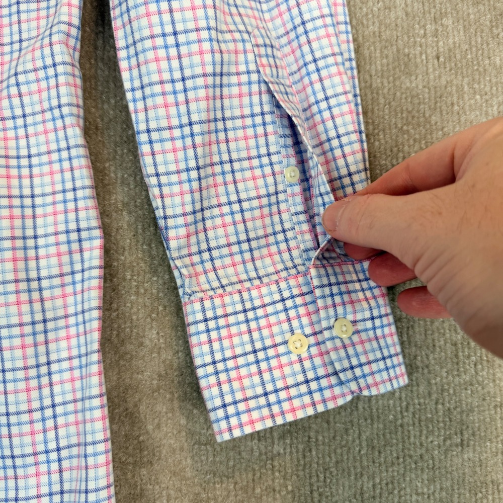 David Donahue Mens Dress Shirt 16 1/2 34/35 Blue Pink Plaid Cotton Trim Fit - Picture 10 of 15